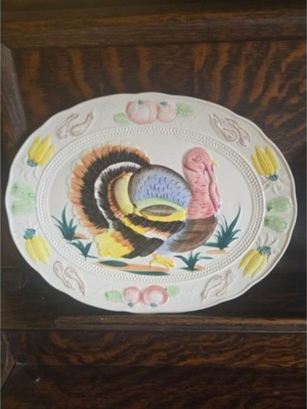 Vintage Thanksgiving Turkey Platter Large 18" Ceramic Embossed Made in Japan